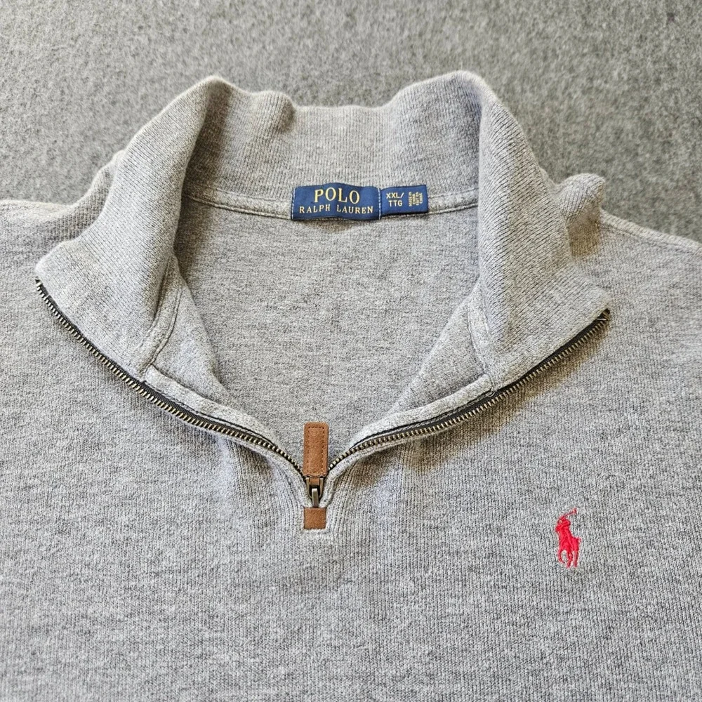POLO RALPH LAUREN Quarter Zip Pullover 100% Cotton XXL Grey Red Pony Logo